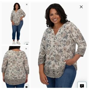 Lucky Brand Womens Paisley Multicolor 3/4 Sleeve Border Print Blouse Size‎ 2XL